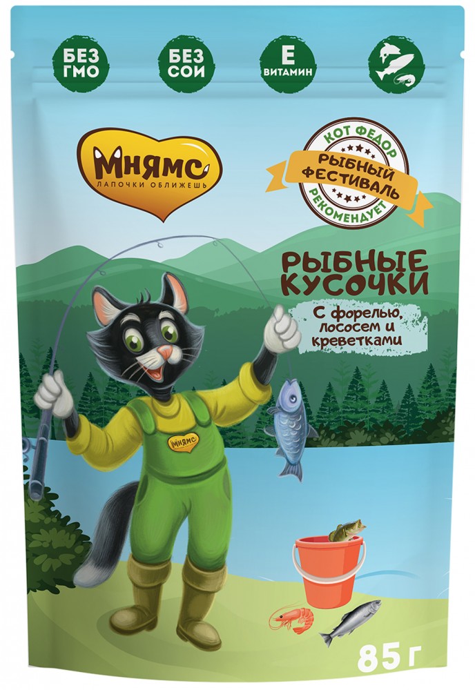 Влажный корм Мнямс для взрослых кошек Рыбный фестиваль (лосось, креветки, форель) 85 г