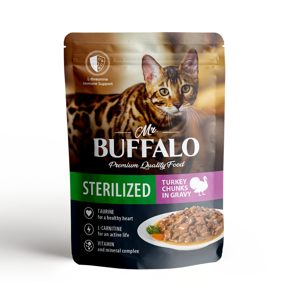 Mr.Buffalo Adult Sterilized ПАУЧ влажный корм для стерилизованных кошек, индейка в соусе 85 г
