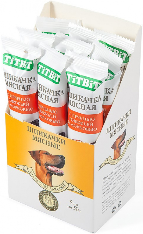 Лакомство TiTBiT шпикачка для собак, с говяжьей печенью и морковью, 50 г