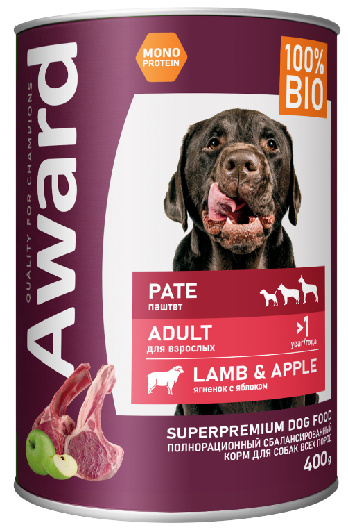Влажный корм AWARD для взрослых собак паштет из ягненка с яблоком 400г