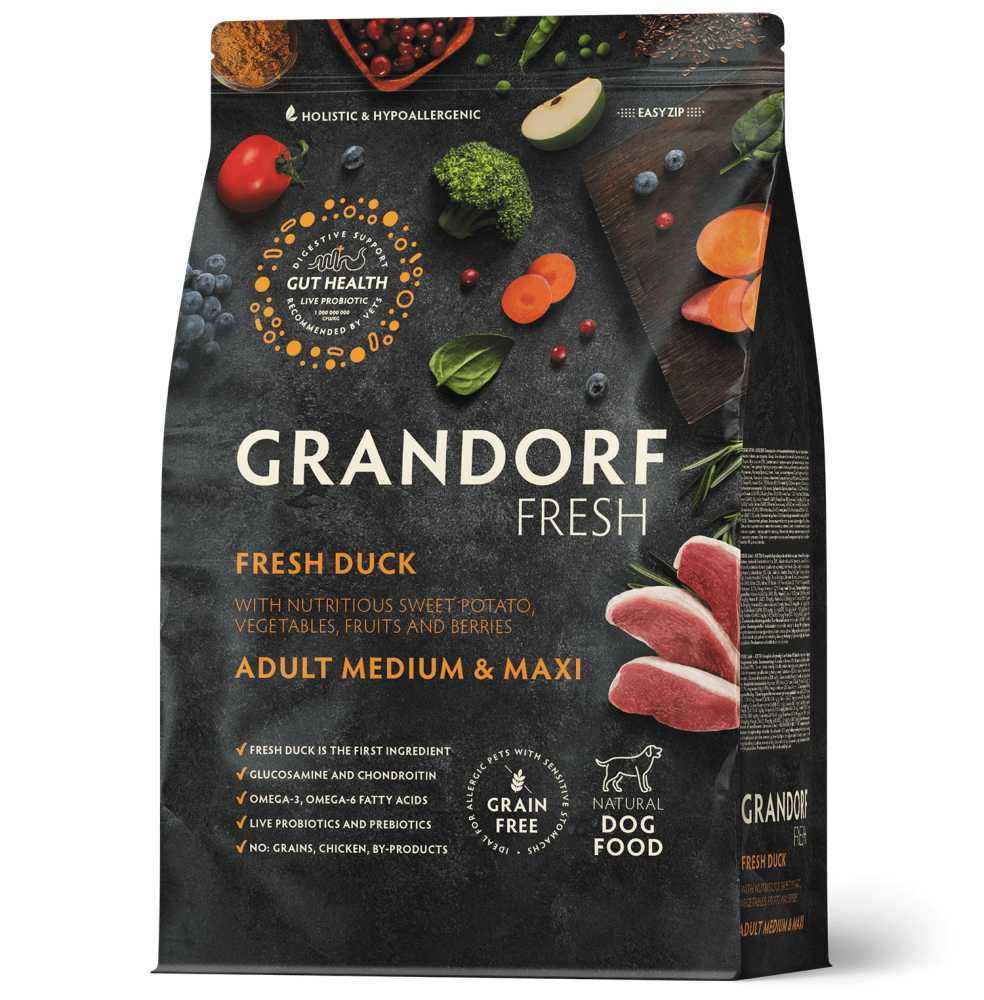 Сухой корм GRANDORF FRESH DOG Duck MED&amp;MAXI мясо Утки с бататом для взрослых собак средних и крупных пород, диетическая формула для особо аллергичных собак