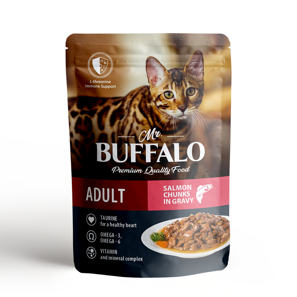 Mr.Buffalo Adult Hair &amp; Skin ПАУЧ влажный корм для взрослых кошек с чувствительной кожей, лосось в соусе 85 г
