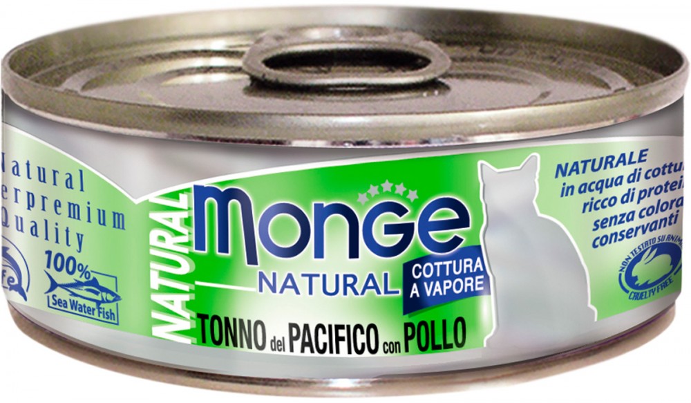 Влажный корм консервы для кошек Monge Cat Natural тихоокеанский тунец с курицей 80г