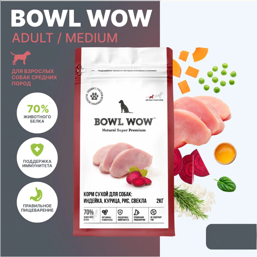 Корм BOWL WOW для собак средних пород с индейкой, курицей и свеклой