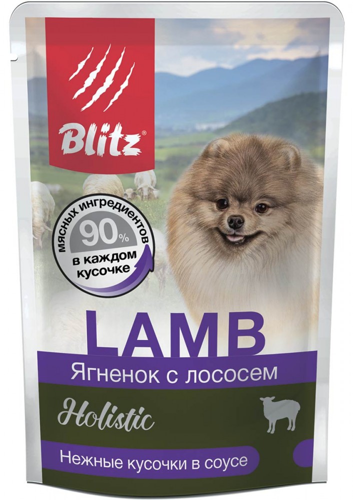 Паучи для собак Blitz Holistic «Ягнёнок с лососем» кусочки в соусе – влажный корм для взрослых собак мелких пород 85 г