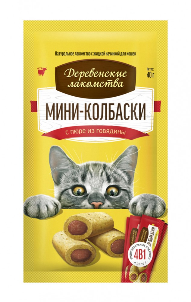 Лакомство для кошек Деревенские лакомства Мини-колбаски с пюре с говядиной 40г
