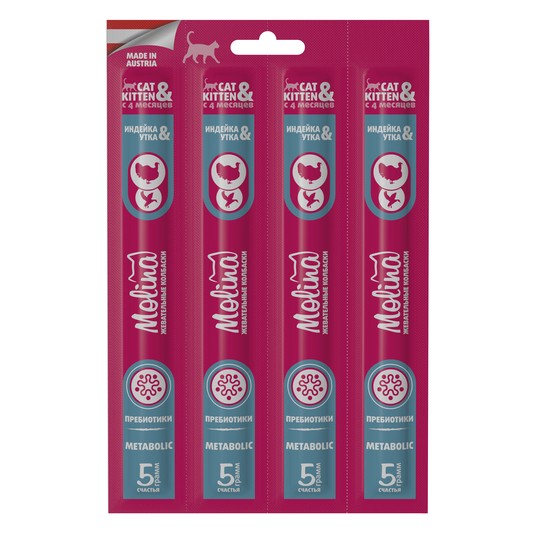 Лакомство Молина Метаболик Колбаски жевательные с индейкой и уткой для кошек и котят 20 г