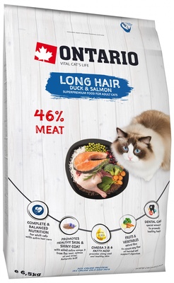 Корм Ontario Cat Longhair для длинношерстных кошек, с уткой и лососем