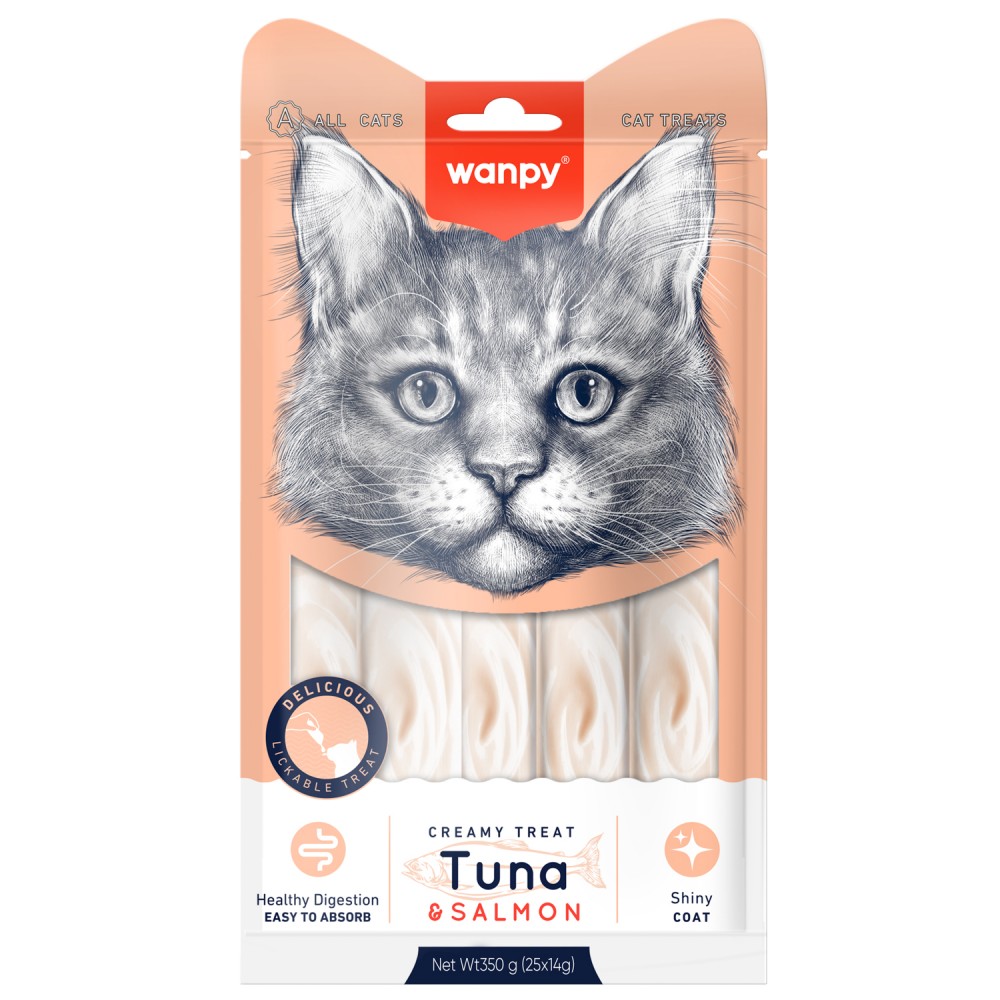 Wanpy Cat Лакомство для кошек &quot;нежное пюре&quot; из тунца и лосося 25 шт х14 г