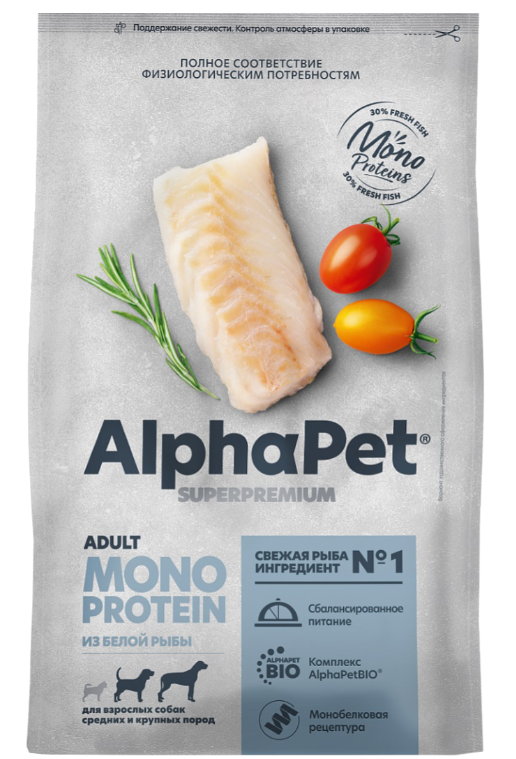 Корм AlphaPet Superpremium Monoprotein для собак средних и крупных пород, монобелковый, c белой рыбой, 12 кг