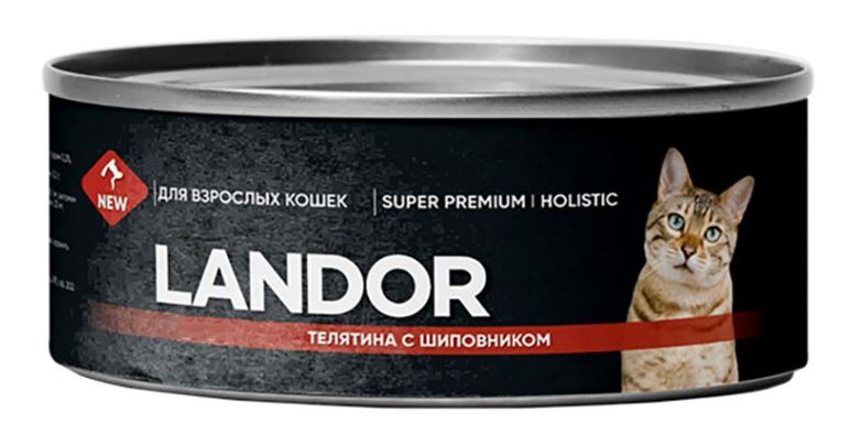 Консервы для кошек LANDOR полноценный влажный корм, телятина с шиповником 100 гр