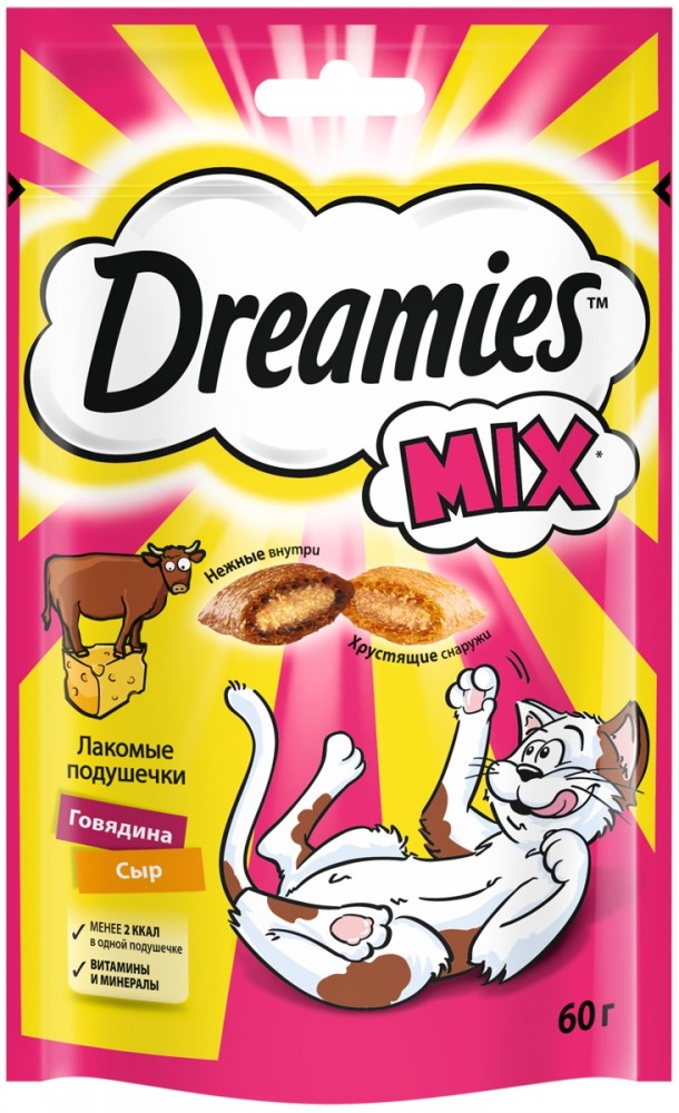 Лакомство для кошек Dreamies лакомые подушечки с говядиной и сыром 60 г