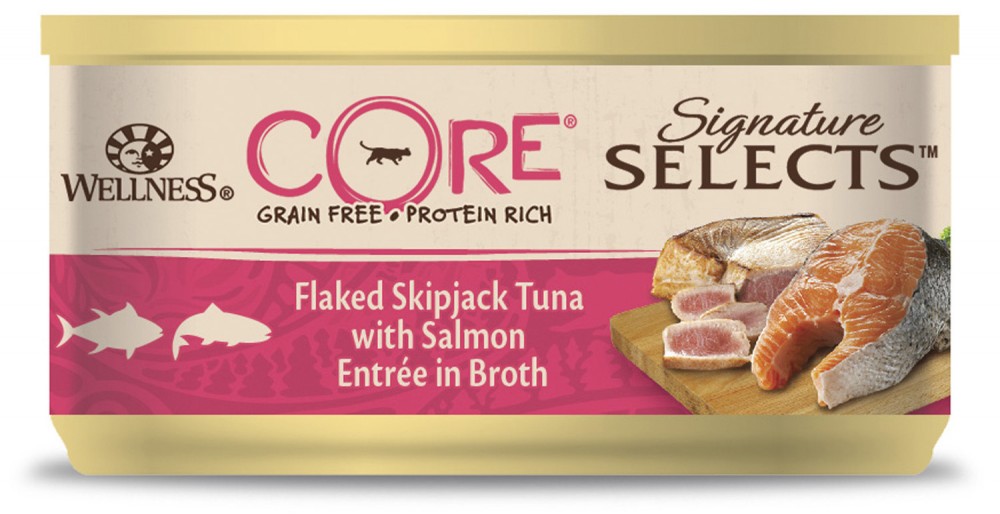 Влажный корм Wellness Core Signature Selects консервы для кошек с тунцом и лососем в виде кусочков в бульоне, банка 79 гр