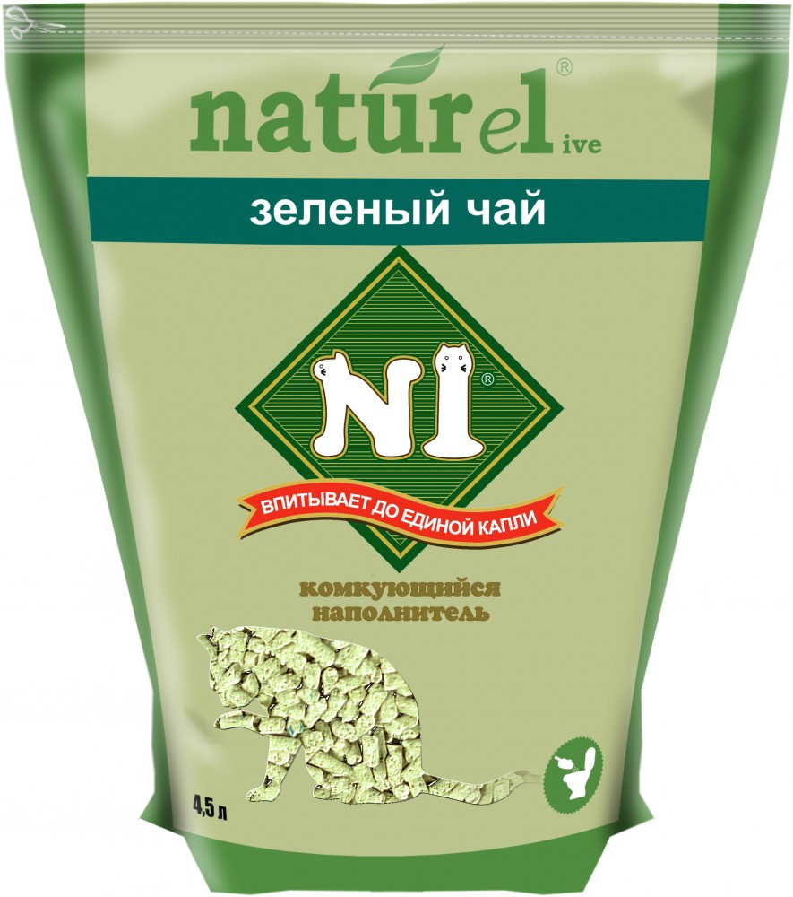 Наполнитель N1 NATUReL Зеленый чай для кошек, древесный, комкующийся, 4.5 л, 1.75 кг