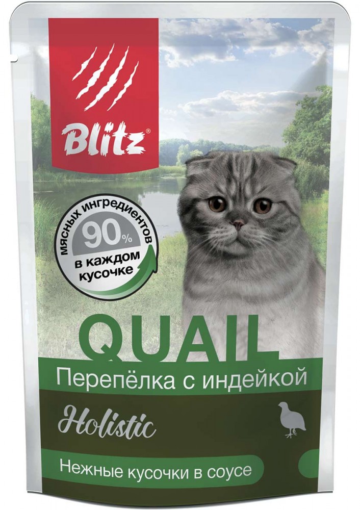 Blitz Holistic: влажный корм для домашних кошек и котов «Перепёлка с индейкой» — нежные кусочки в соусе 85 г