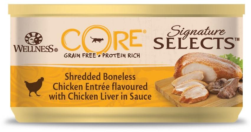 Влажный корм Wellness Core Signature Selects консервы для кошек с курицей и куриной печенью в виде фарша в соусе, банка 79 гр