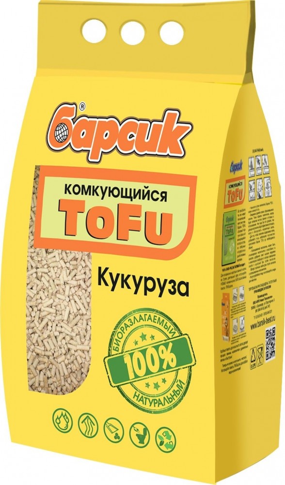 Наполнитель Барсик ТОФУ КУКУРУЗНЫЙ без запаха для кошек, 4,54 л, 2,3 кг