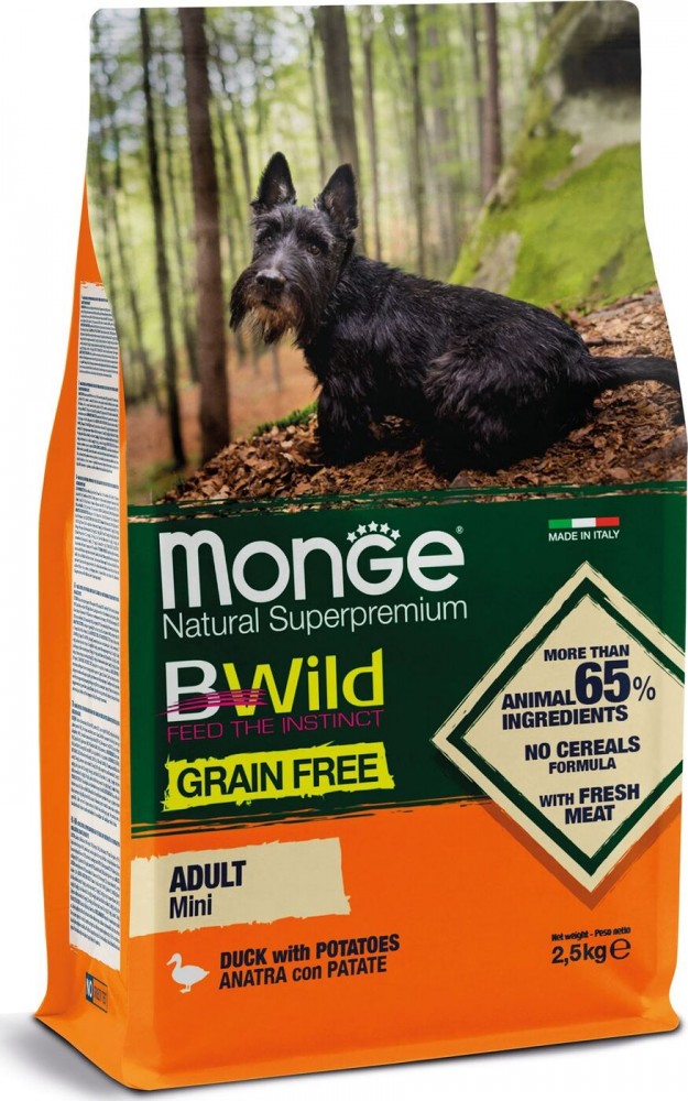Корм сухой Monge Dog BWild GRAIN FREE Mini беззерновой корм из мяса утки с картофелем для взрослых собак мелких пород 2,5 кг