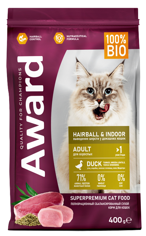 Сухой корм AWARD Hairball &amp; Indoor для взрослых кошек для выведения шерсти с уткой и индейкой с добавлением зеленой чечевицы и Юкки Шидигера