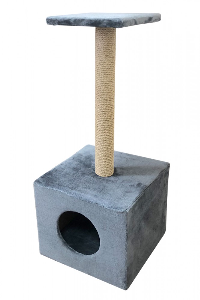 Когтеточка Куб с площадкой и игрушкой, джут, мех 35х30х85 Меридиан