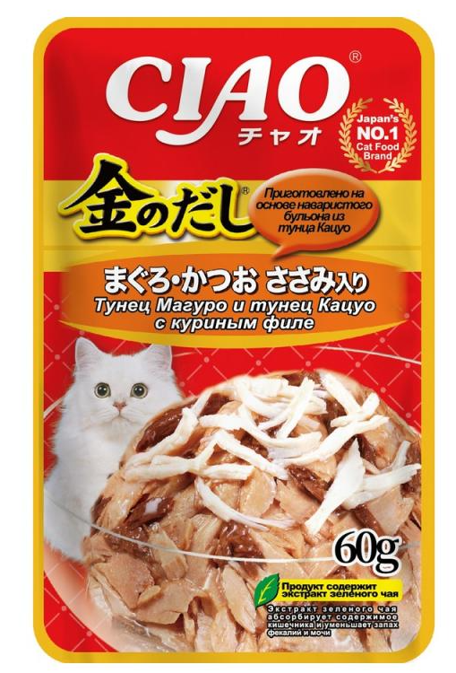 Влажный корм CIAO Kinnodashi для кошек Тунец Магуро и тунец Кацуо с куриным филе, пауч, 60 г