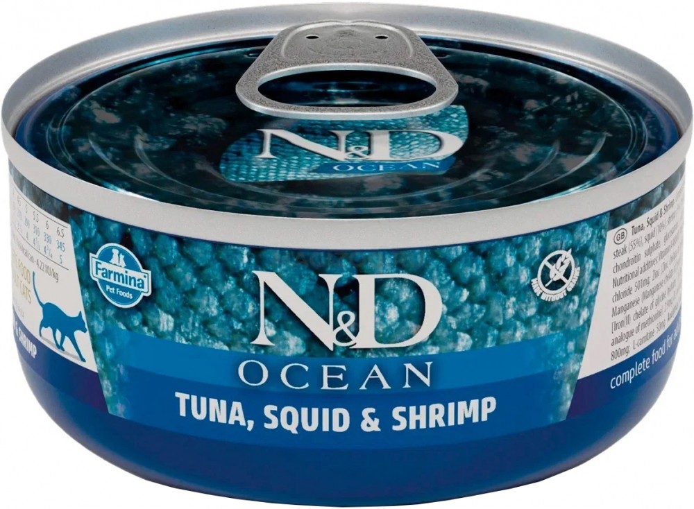 Корм Farmina N&amp;D OCEAN Tuna, Squid &amp; Shrimp (консерв.) для кошек, тунец, кальмар и креветки, 70 г