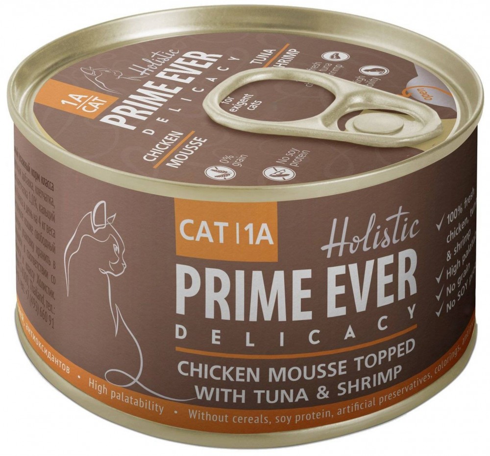 Корм Prime Ever Holistic Delicacy Chicken Mousse Topped &amp; Tuna &amp; Shrimp (консерв.) для кошек, с цыпленком, тунцом и креветками, 80 г