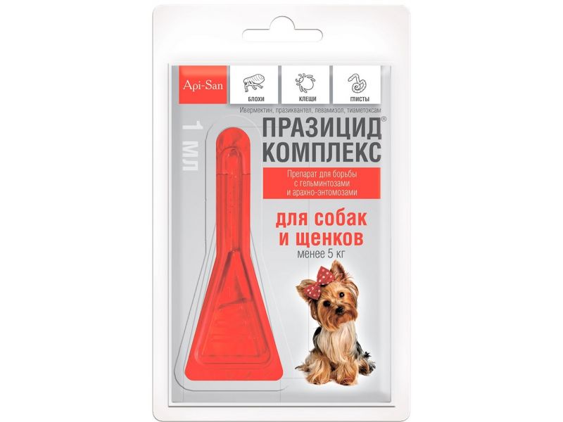 Препарат для собак менее 5 кг Api-San Празицид-комплекс 3 в 1 : от глистов, клещей, вшей, 1 пипетка