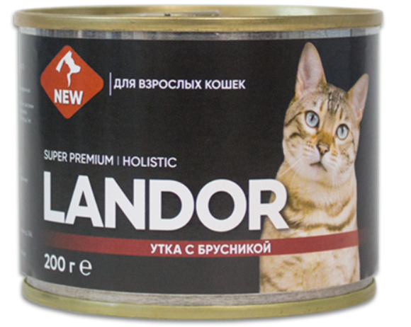 Консервы для кошек LANDOR полноценный влажный корм, утка с брусникой 200гр