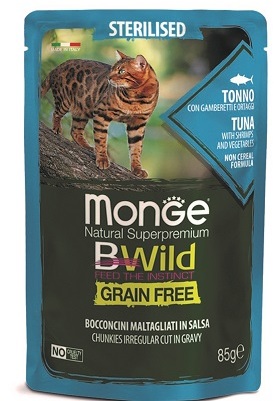 Влажный корм Monge Cat BWild GRAIN FREE паучи из тунца с креветками и овощами для стерилизованных кошек 85г
