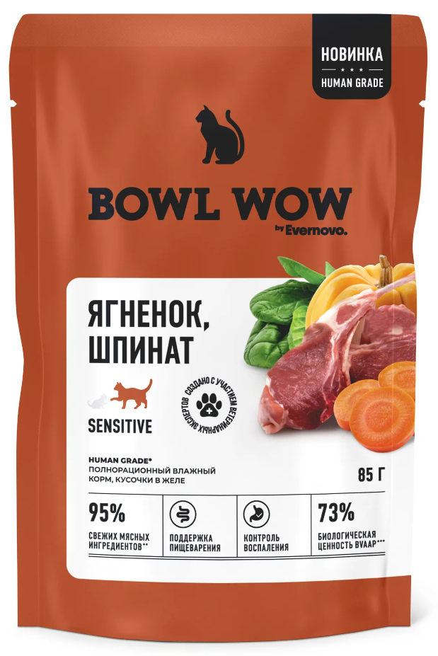 Консервы Bowl Wow ягненок и шпинат в желе для кошек 85 г