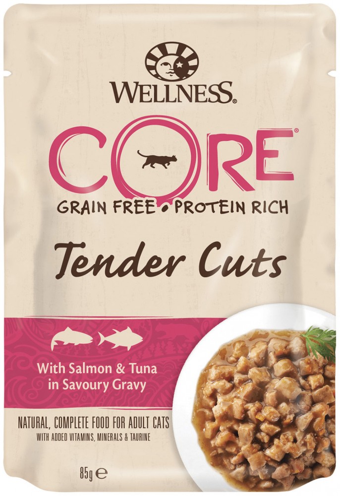 Wellness Core Tender Cuts для кошек с лососем и тунцом в виде нарезки в соусе, пауч 85 гр