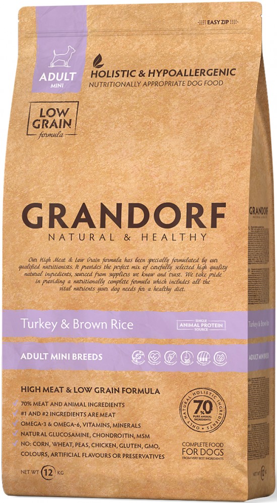 Корм Grandorf Mini Turkey &amp; Brown Rice Holistic для собак малых пород, индейка с бурым рисом
