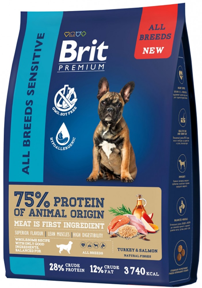 Корм Brit Premium Sensitive для собак с чувствительным пищеварением, с лососем и индейкой, 15 кг