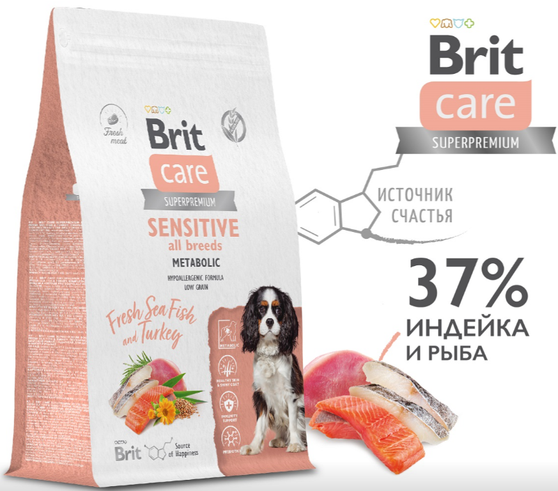 Brit Care Superpremium Dog Adult Sensitive с морской рыбой и индейкой для взрослых собак всех пород, Улучшенный обмен веществ.