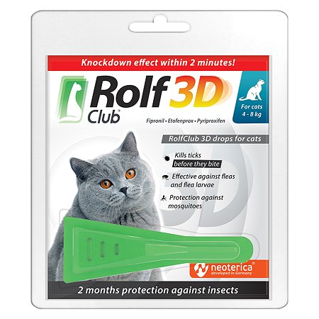 RolfClub 3D (Neoterica) капли для кошек 4 - 8 кг, от блох и клещей, 1 пипетка