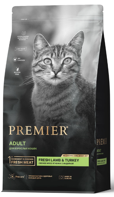 Низкозерновой сухой корм PREMIER Lamb and Turkey Adult Cat для взрослых кошек с ягненком, индейкой и рисом