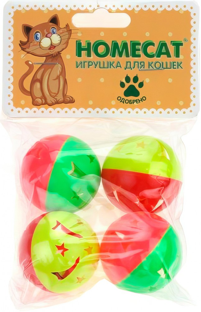 Homecat Игрушка Мячи для кошек, пластиковые звездочки с колокольчиком, 4 шт, 4 см
