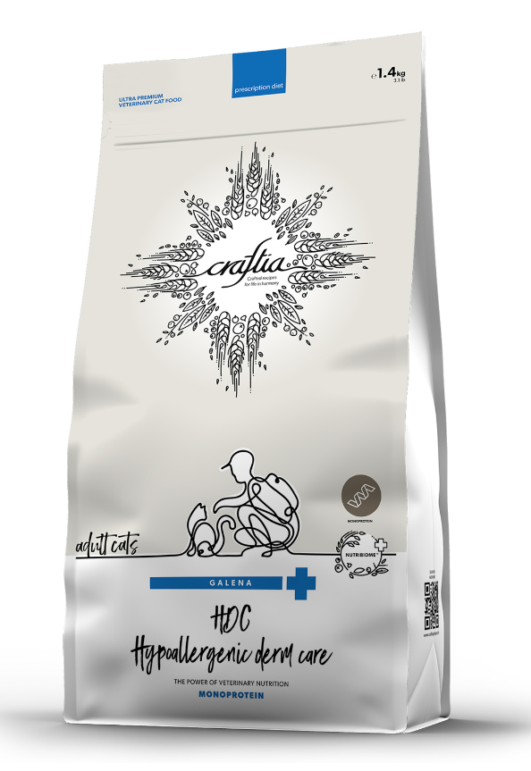 Ветеринарная диета CRAFTIA GALENA CAT HYPOALLERGENIC DERM CARE Гипоаллердженик Дерм для кошек при пищевой аллергии и заболеваниях кожи 1,4 кг