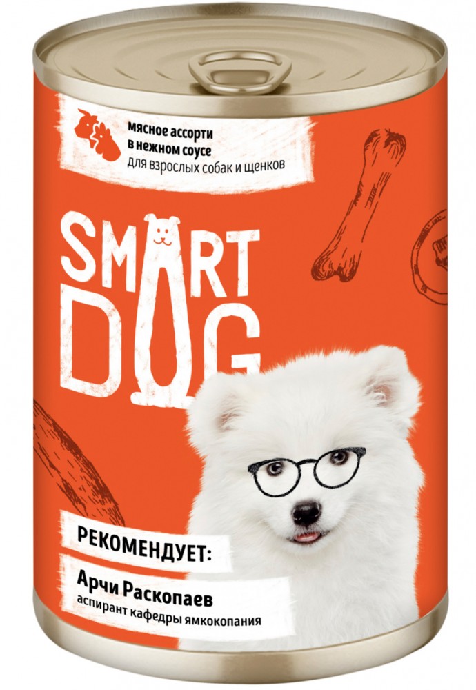 Корм Smart Dog консервы для собак и щенков всех пород, кусочки мясное ассорти в соусе 850 г