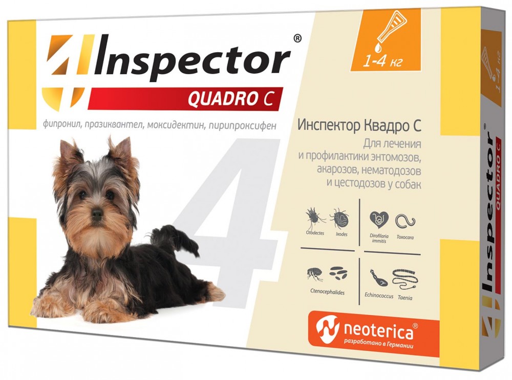 Inspector (Neoterica) Quadro капли для собак 1-4 кг, от блох, клещей и гельминтов