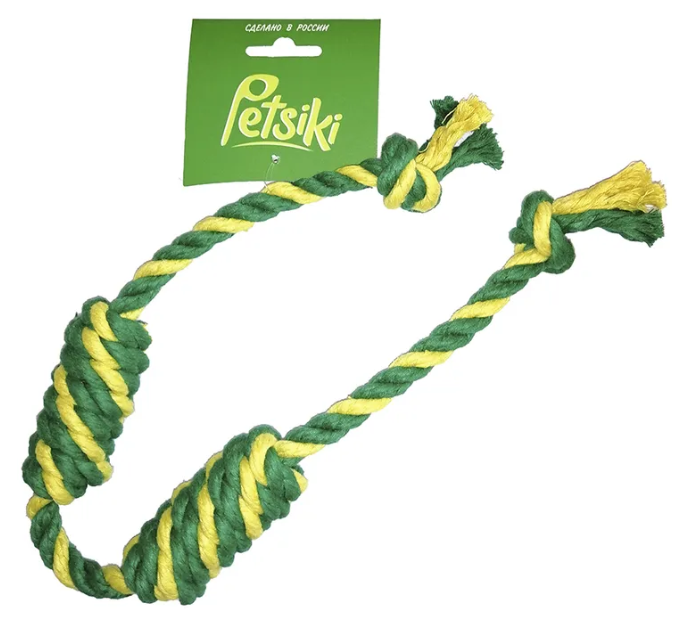 Игрушка для собак Сарделька канатная двойная Petsiki Петсики большая (желтый-зеленый-зеленый), длина 58 см (канат для собак)