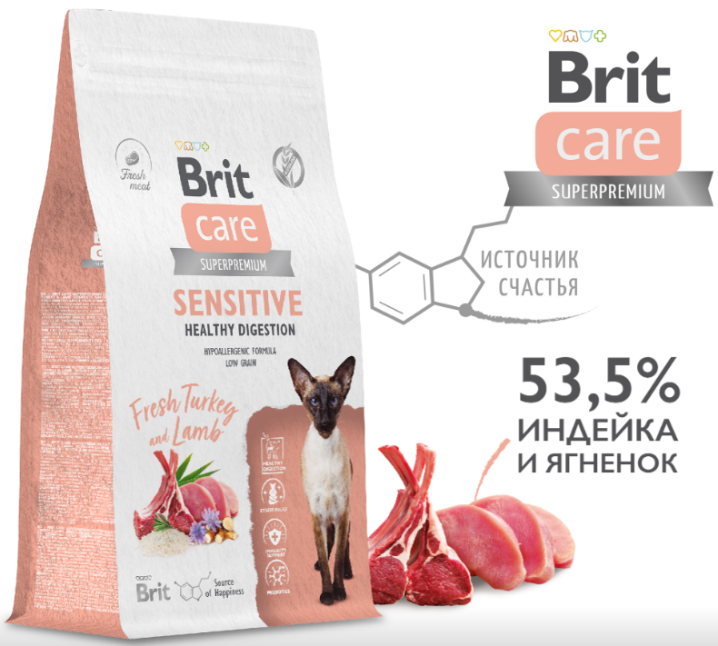 Brit Care Superpremium Cat Sensitive с индейкой и ягненком для взрослых кошек, Чувствительное пищеварение