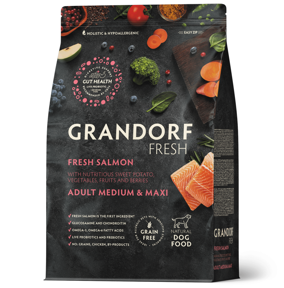 Сухой корм GRANDORF FRESH DOG Salmon MED&amp;MAXI филе Лосося с бататом для взрослых собак средних и крупных  пород, для здоровья кожи и шерсти или склонных к аллергии