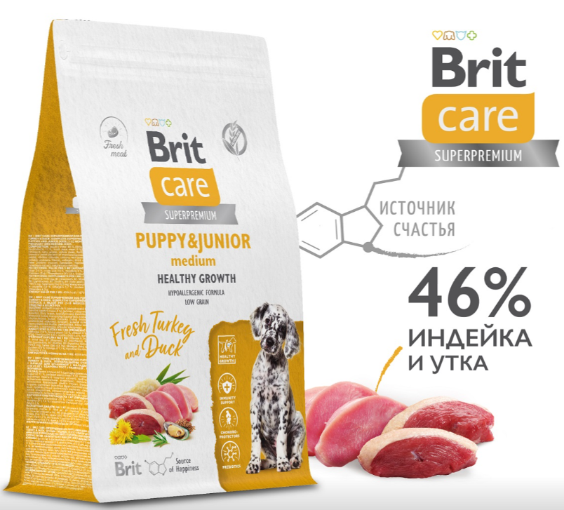 Brit Care Superpremium Dog Puppy&amp;Junior M с индейкой и уткой для щенков средних пород, Здоровый рост и развитие