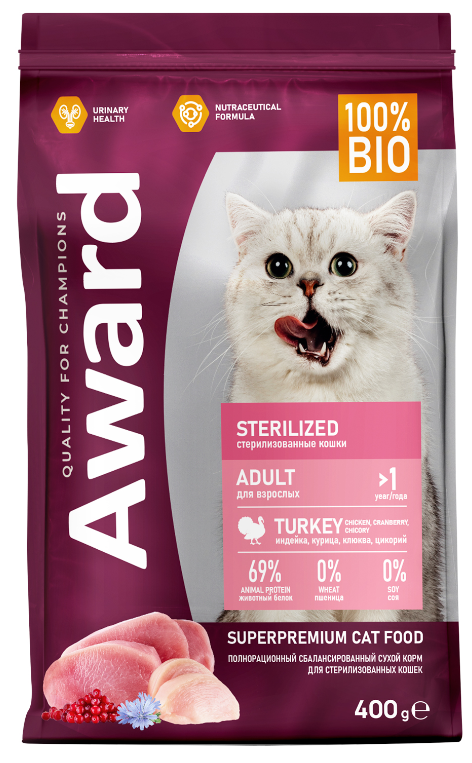 Сухой корм AWARD Sterilized для взрослых стерилизованных кошек с индейкой и курицей с добавлением клюквы и цикория