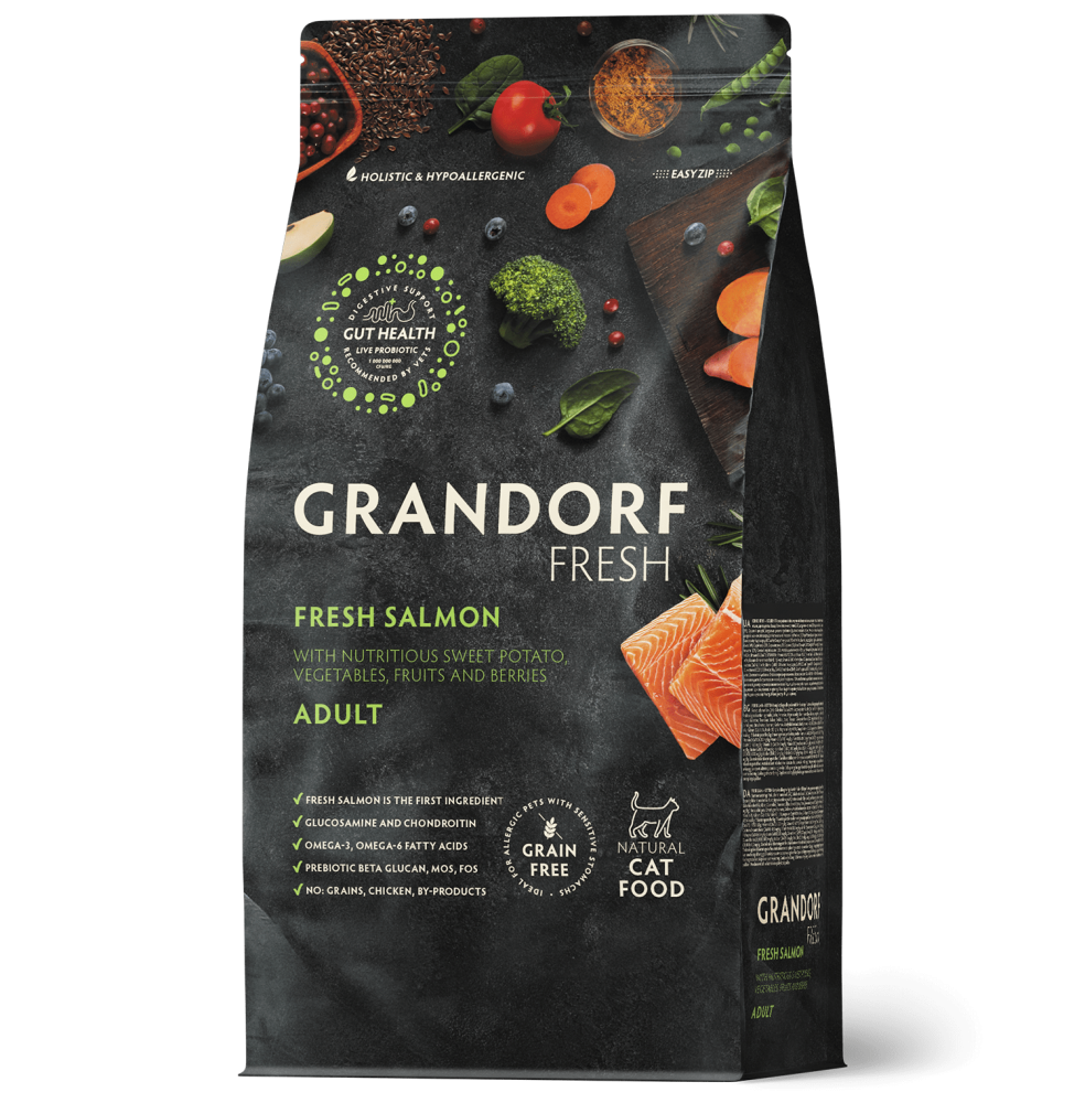 Корм сухой GRANDORF FRESH CAT Salmon филе Лосося с бататом для взрослых кошек , для здоровья кожи и шерсти или склонных к аллергии