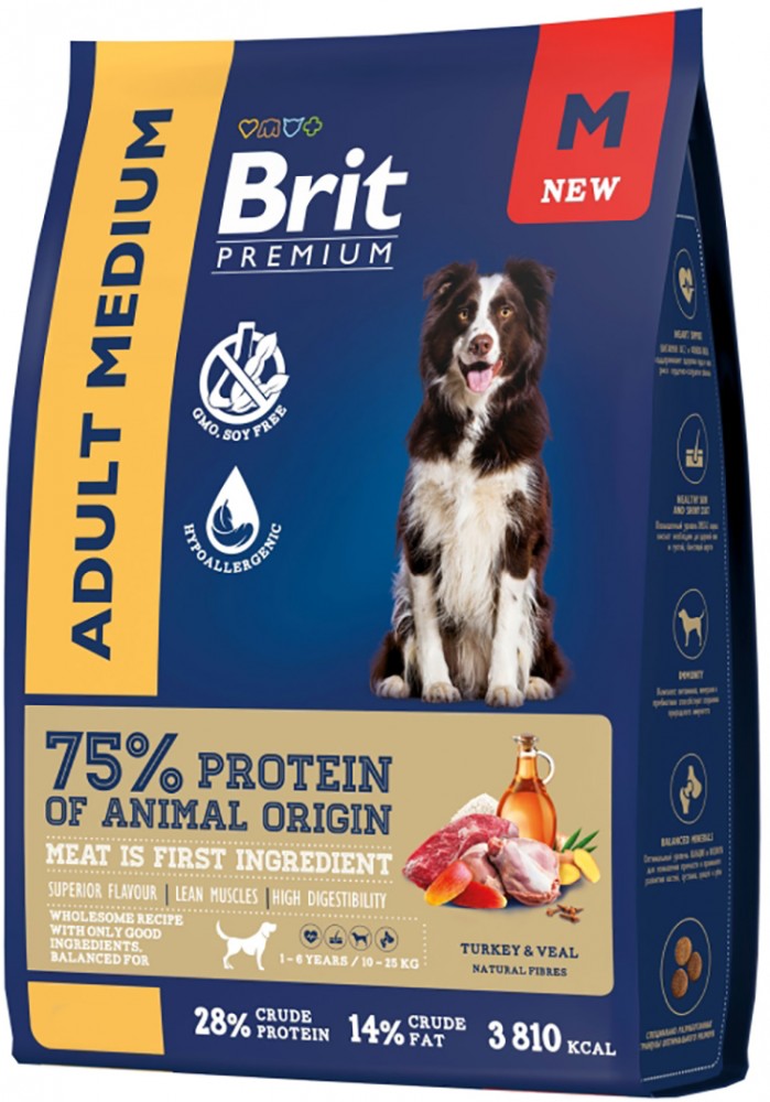 Корм Brit Premium Medium для собак средних пород, с индейкой и телятиной