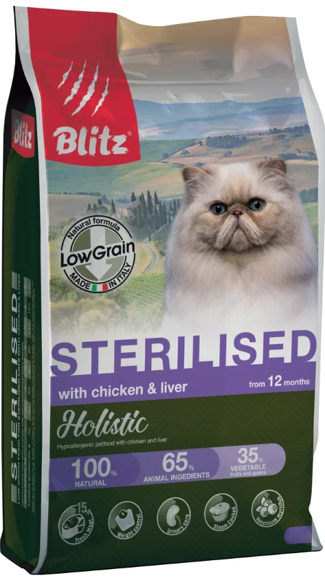 Корм сухой для кошек Blitz Holistic Sterilised Chicken &amp; Liver (низкозерновой) для стерилизованных, курица и печень