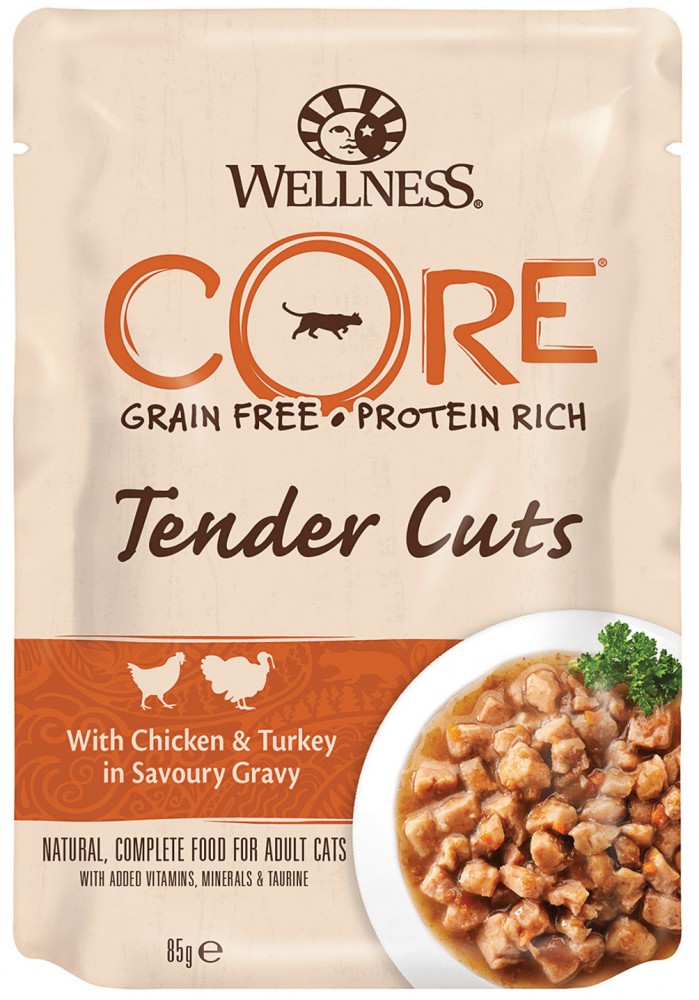 Влажный корм Wellness Core Tender Cuts для кошек с курицей и индейкой в виде нарезки в соусе, пауч 85 гр